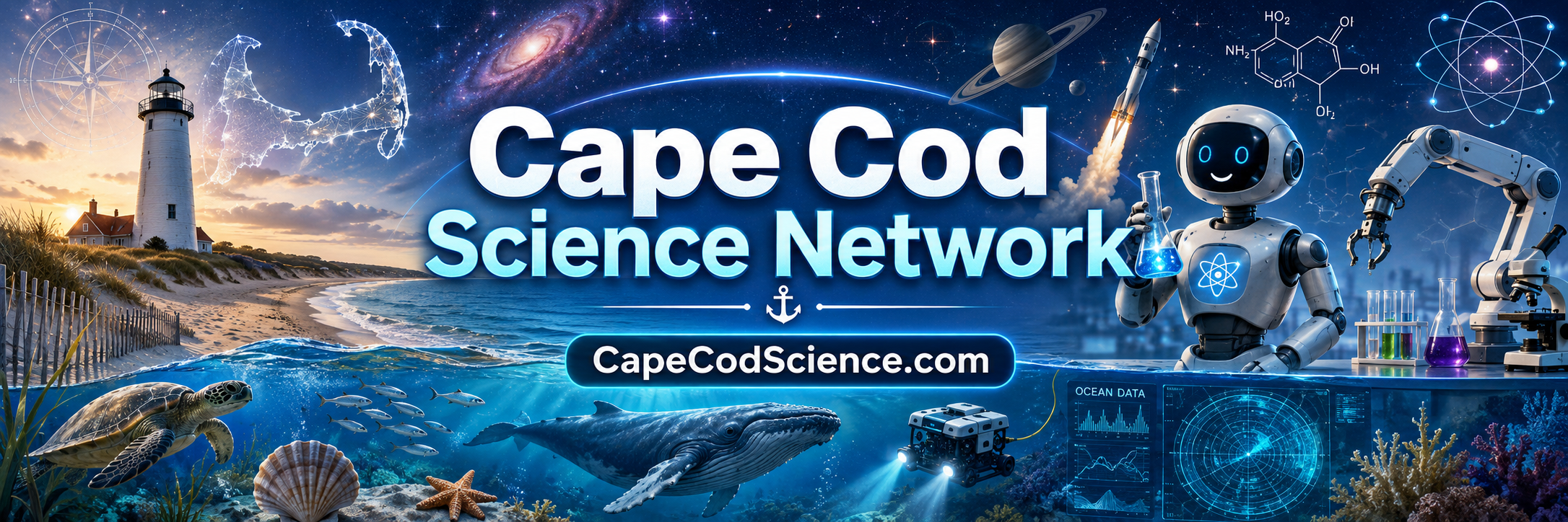Cape Cod Science Network banner with Cape Cod, robotics, marine science, space, chemistry, and STEM imagery